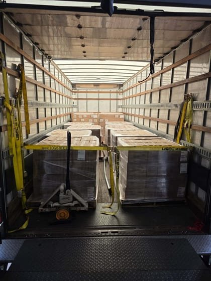 Strapped pallets inside a box truck